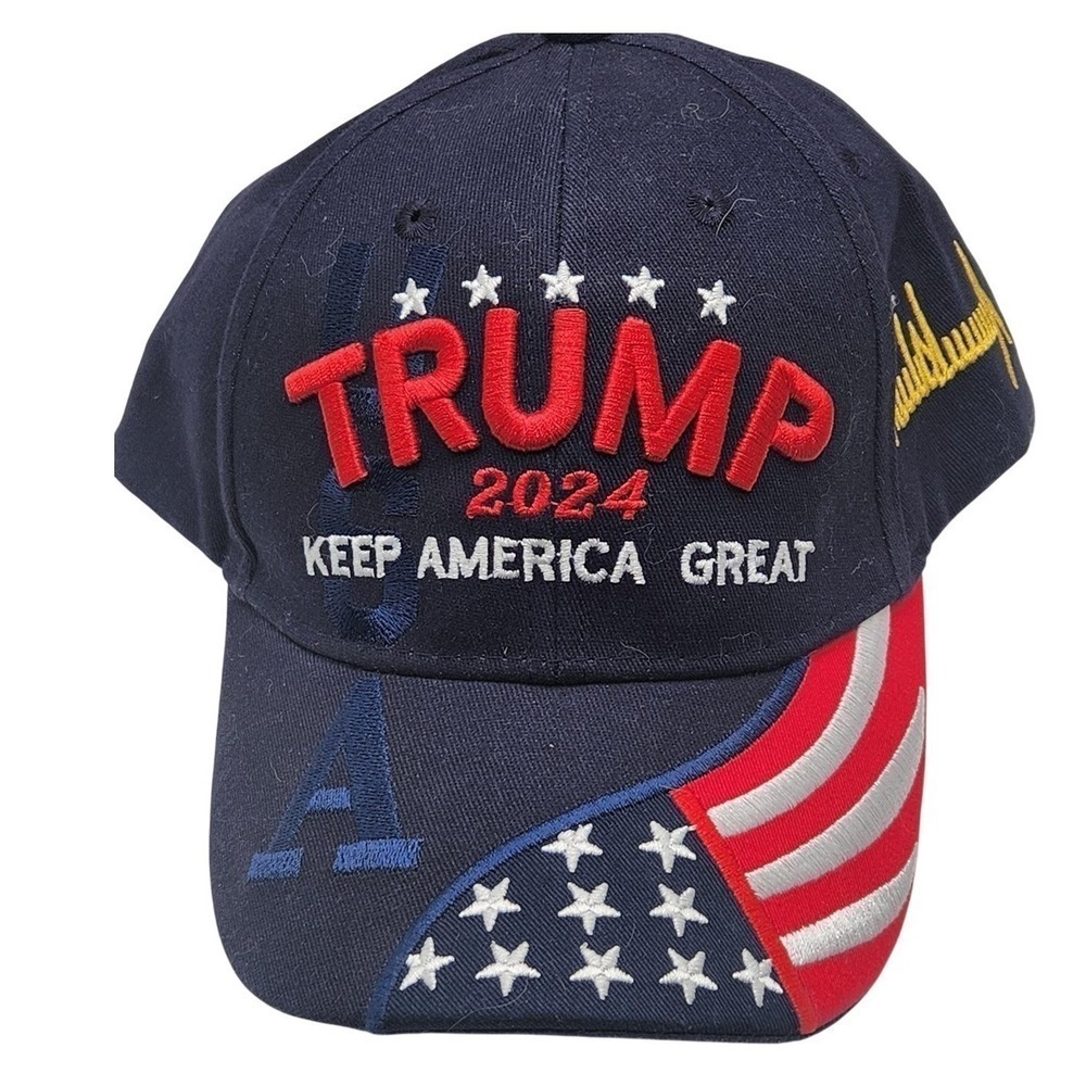 Donald Trump 2024 Hat Cap Strap Back Mens One Size Navy USA Flag‎ Embroidered